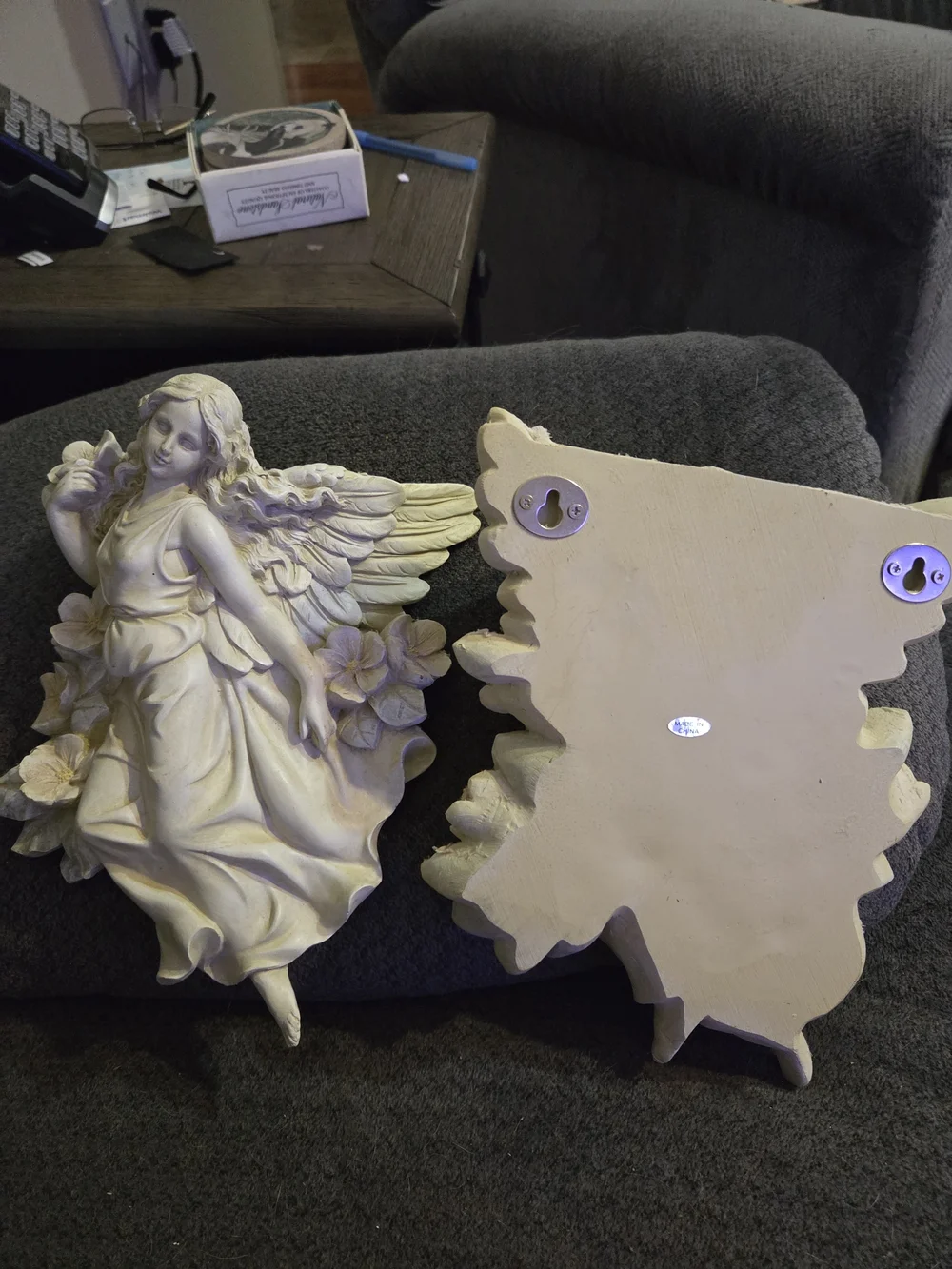 Pair of Cream Resin Angel Wall Plaques with Floral Accents